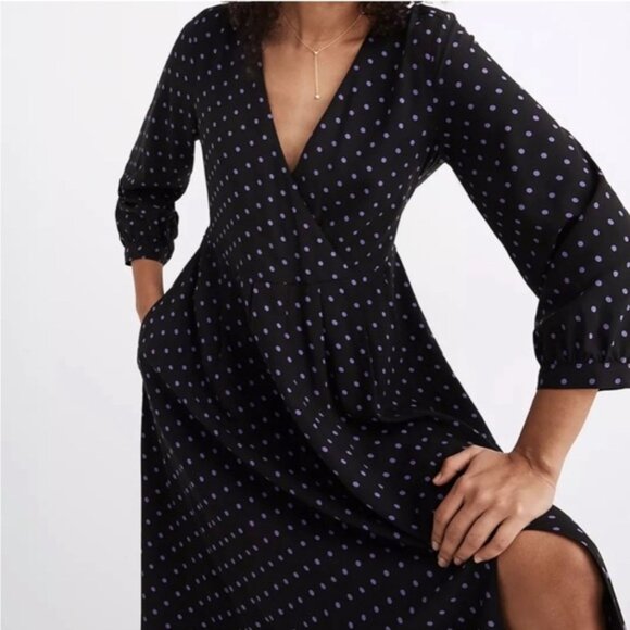 Madewell Polka Dot Surplice V-Neck Faux Wrap Midi Dress Black Purple Small - Picture 2 of 12